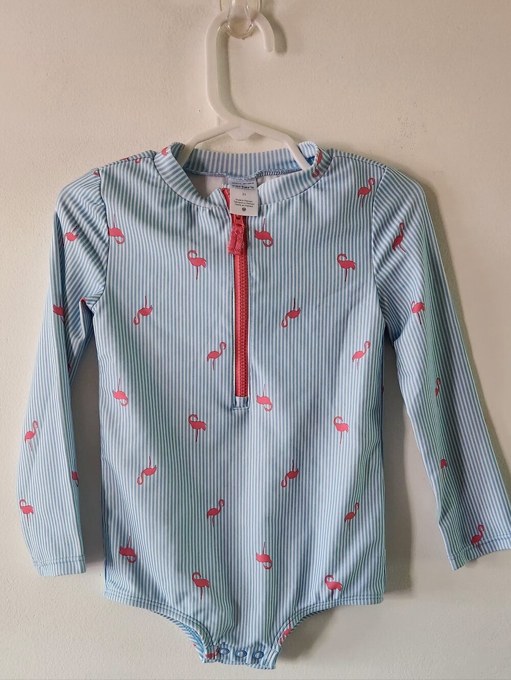 Carter's Blue Striped Long-Sleeve One-Piece Swimsuit with Pink Flamingos